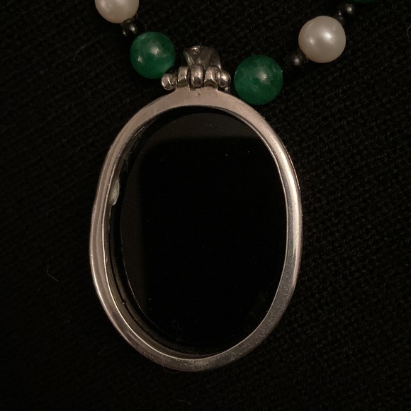 Black Onyx Pendant, Pearl, Jade and Onyx Necklace - Picture 7 of 11